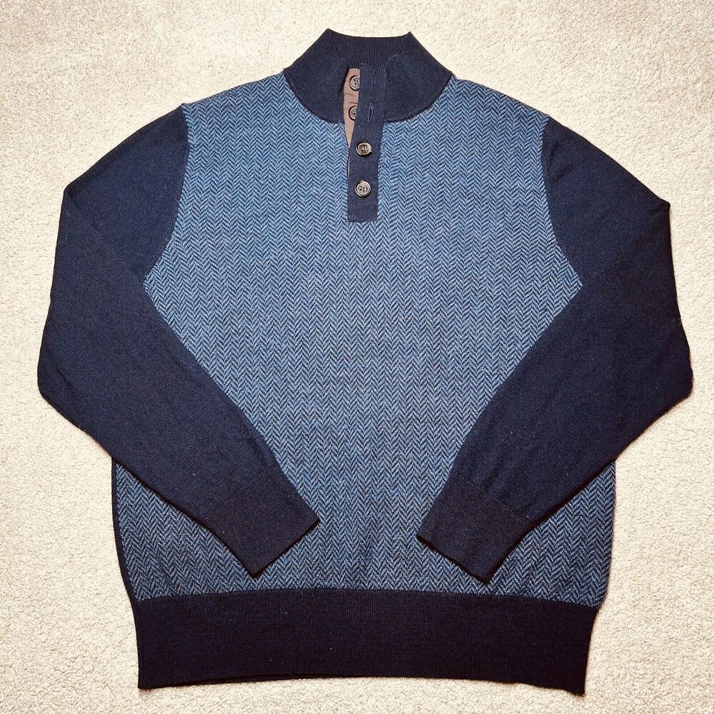 Brooks Brothers Mens Merino Wool Sweater Medium Navy Blue Pullover 1/4 Button